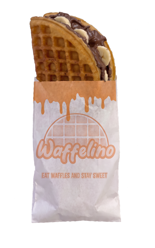 Waffle Waffelino cu Nutella și banane în punga de hârtie personalizată